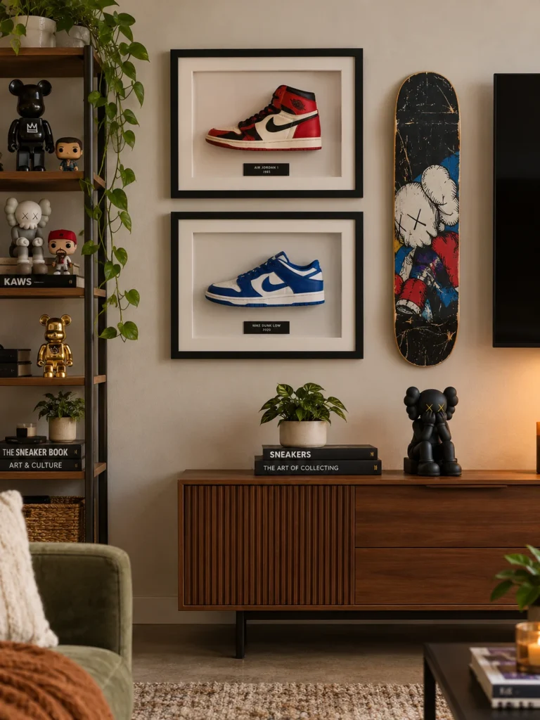 Framed sneakers and a mounted skateboard deck displayed as wall art above a media console