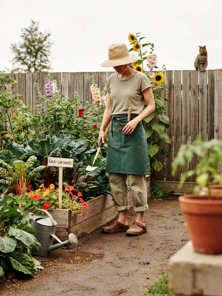 Full length photo of a gardener dressed in a complete gardening outfit, trousers, t shirt, apron, hat, and clogs, standing in a lush garden, showcasing how the pieces work together.