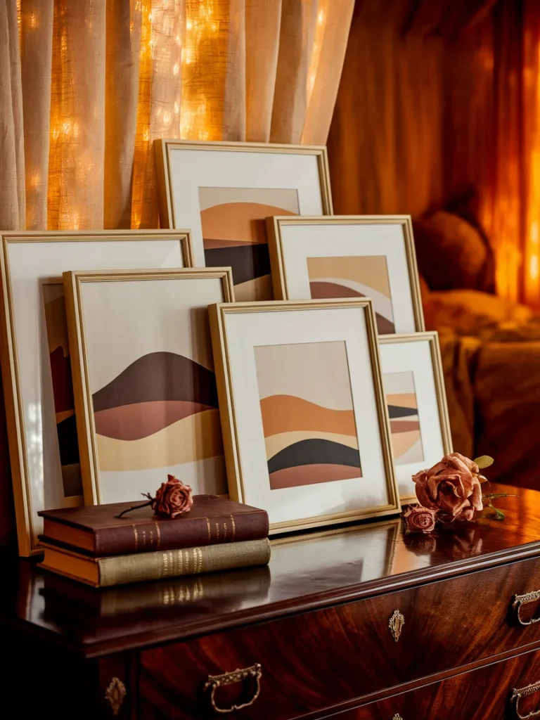Gallery-style framed prints leaning on a dark wood bureau for easy bedroom decor
