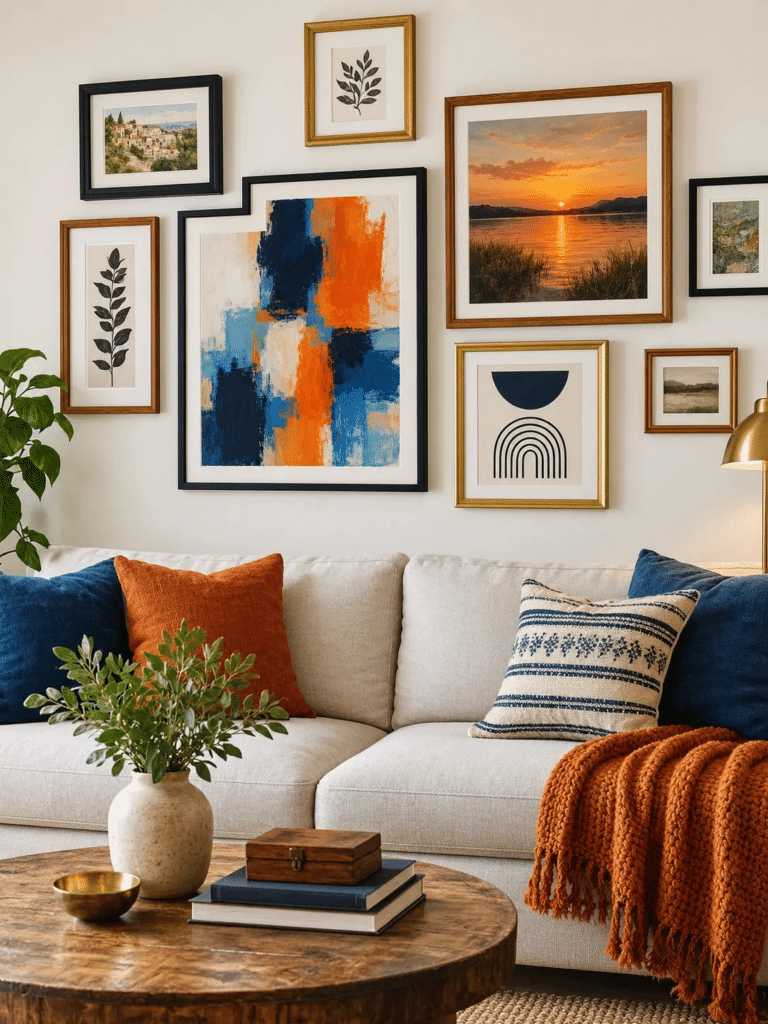 Gallery wall with blue and orange art above a living room sofa