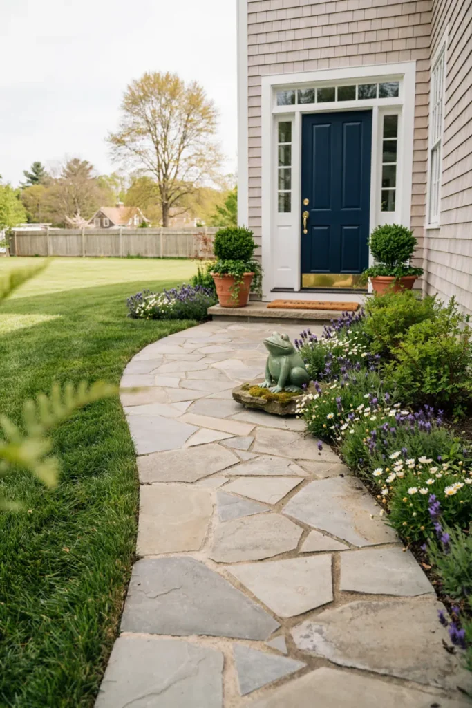 Garden path leading toward a front entryway with a small frog statue positioned in clear view from the walkway, inviting composition, natural daylight
