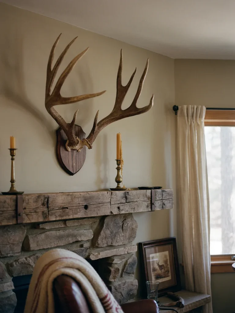 Genuine natural toned antler mount displayed above a rustic wood mantel, authentic textured hide and antler detail, warm cabin style living room
