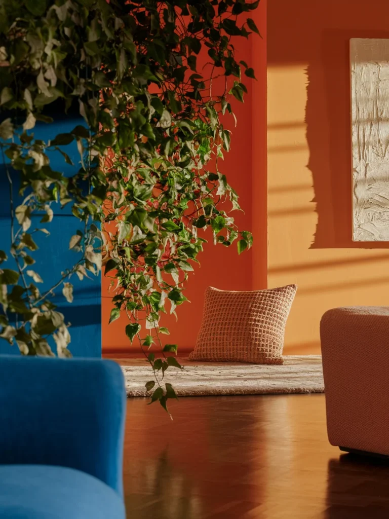Green plants softening blue and orange living room decor beside a chair and pillow