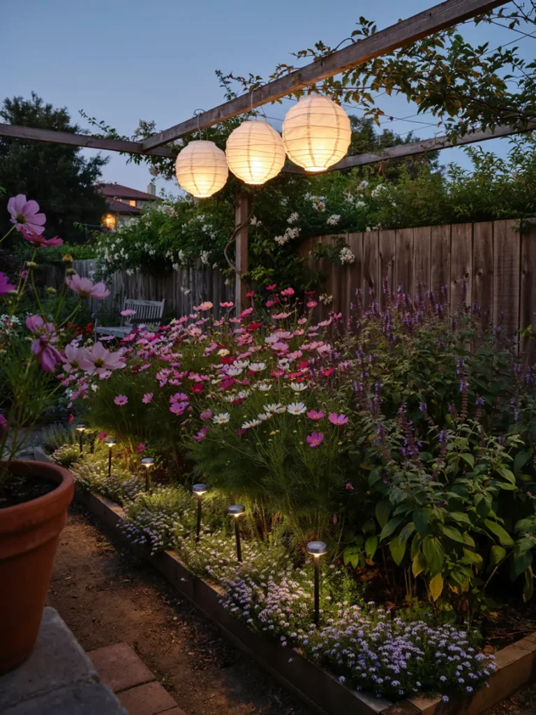 Hanging lanterns and solar stake lights glowing softly among flower beds at twilight