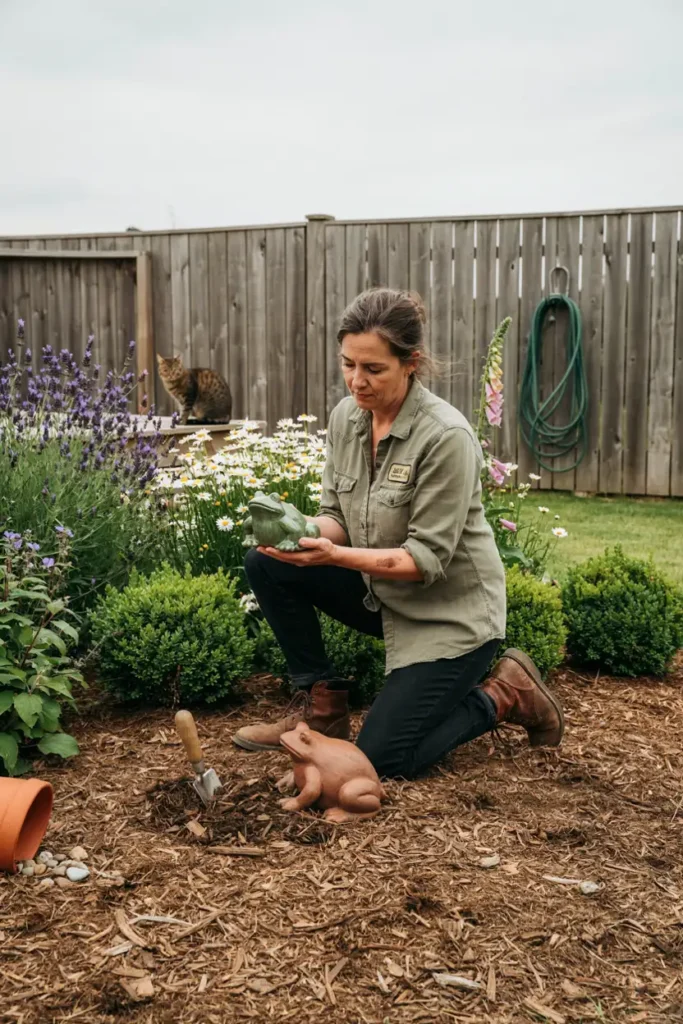 Homeowner kneeling in a flower bed comparing two small frog statues of different sizes before deciding on placement, candid lifestyle garden photography