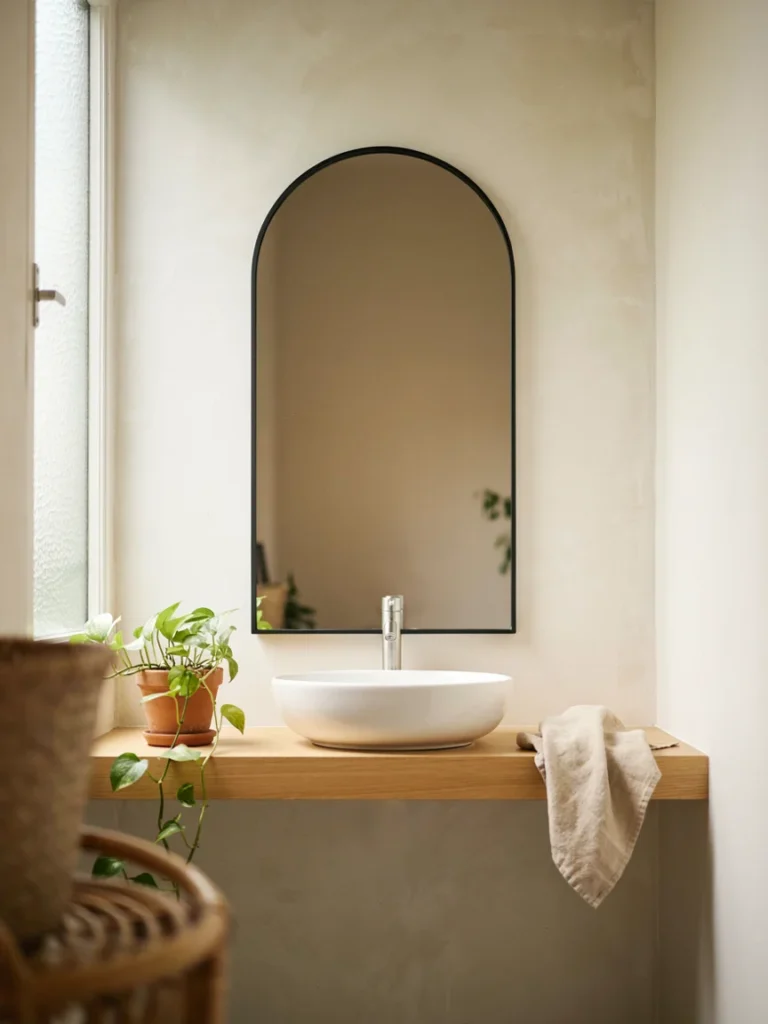 Interesting arched shaped mirror mounted above a bathroom sink, functional focal point doubling as stylish decor, soft natural light