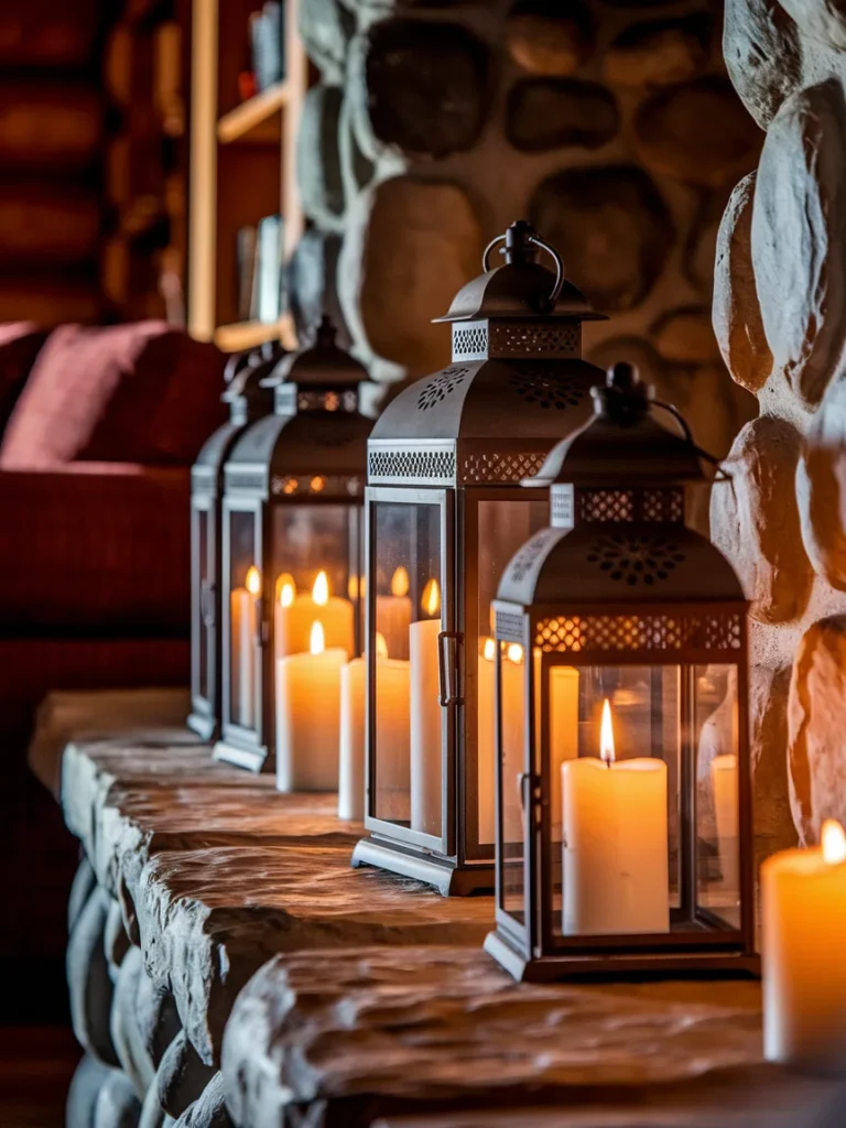 Lanterns and candles on a cabin living room hearth for warm, cozy lighting