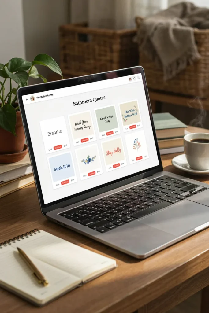 Laptop screen showing a digital download marketplace with preview thumbnails of printable bathroom quote designs, desk setup with a cup of coffee, warm home office lighting