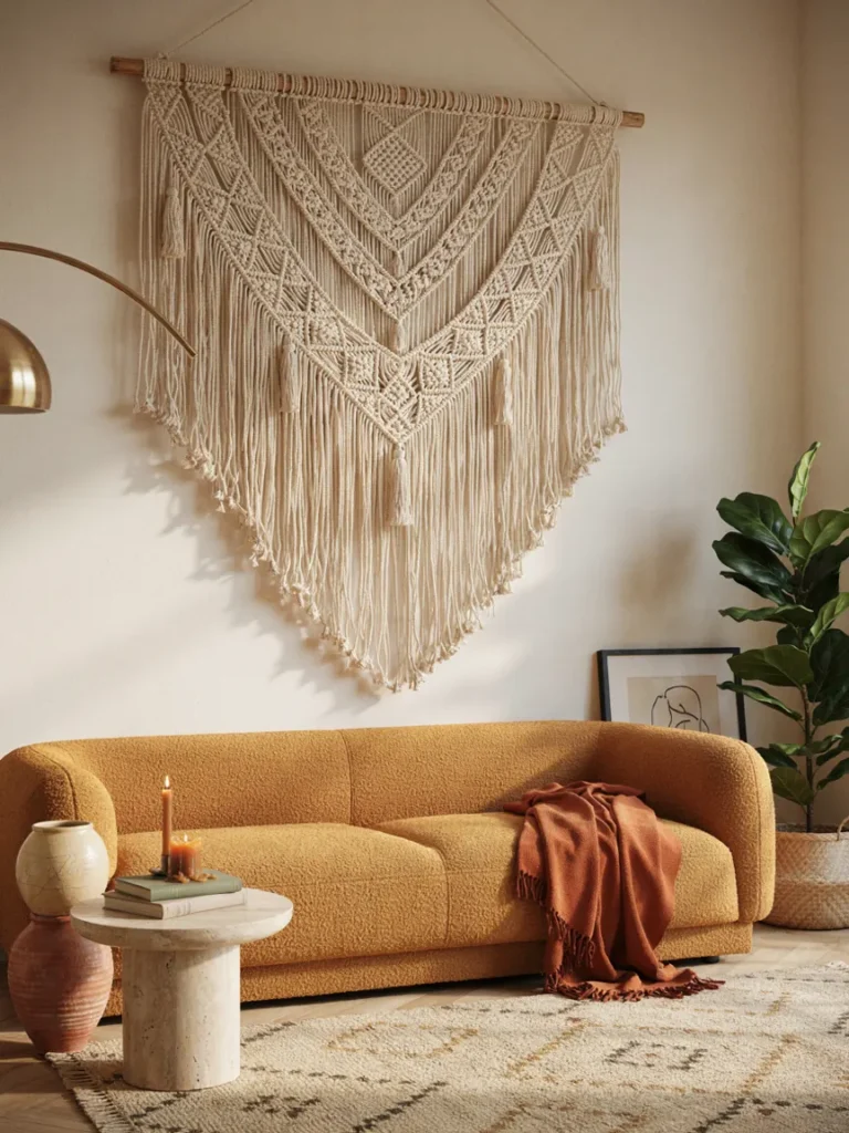  Large cream colored macrame wall hanging displayed above a low sofa, natural rope texture, warm neutral background, boho retro wall styling