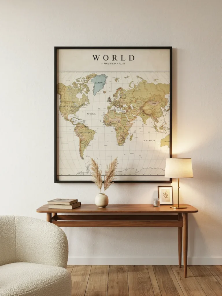 Large framed world map centered on a living room wall above a console table, warm ambient lighting highlighting the map details, statement piece styling