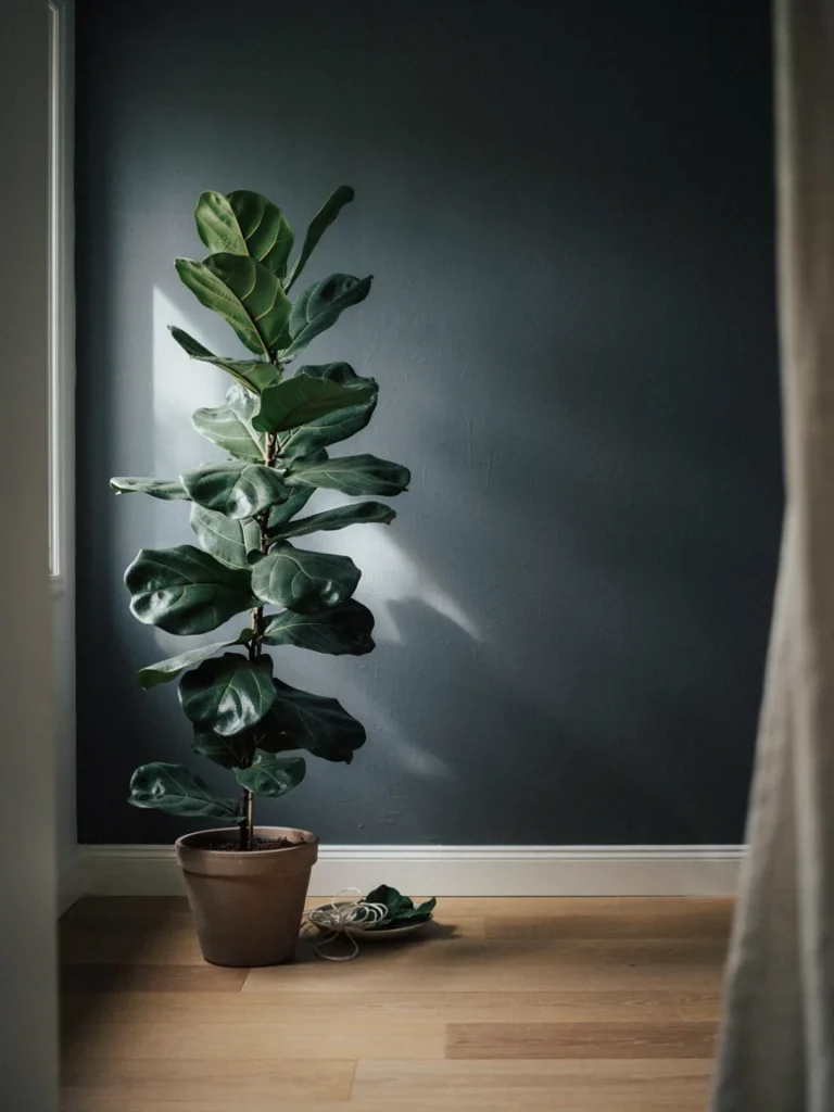 Large leafed fiddle leaf fig or monstera plant standing against a deep charcoal wall, strong silhouette contrast, soft natural window light highlighting the leaves]