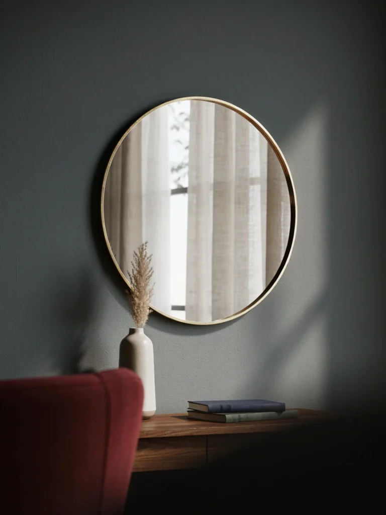 Large round mirror positioned to reflect a window on a dark charcoal wall, brass frame catching light, bright reflected daylight bouncing into the moody room]