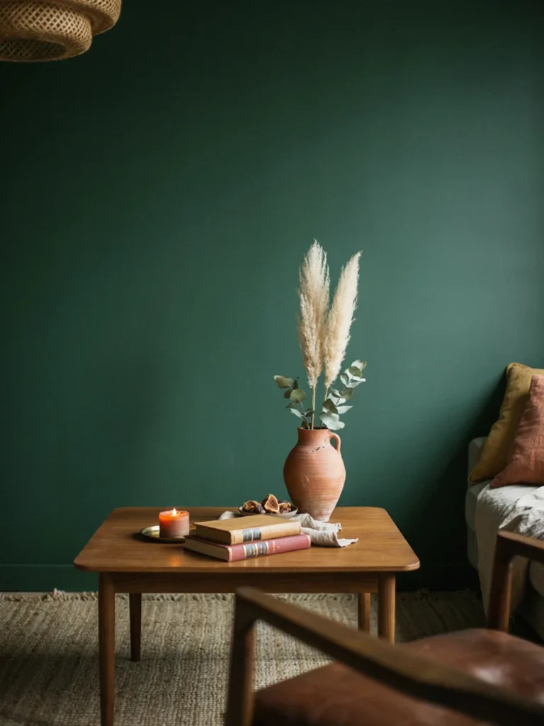 Layered dark living room corner featuring a wood coffee table, jute rug, linen throw pillows, and a terracotta ceramic vase against a deep forest green wall, warm grounded earthy styling