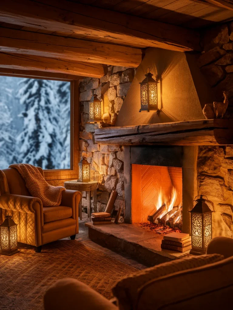  Layered warm lighting in cabin living room decor with lamps, lanterns, and fireplace glow