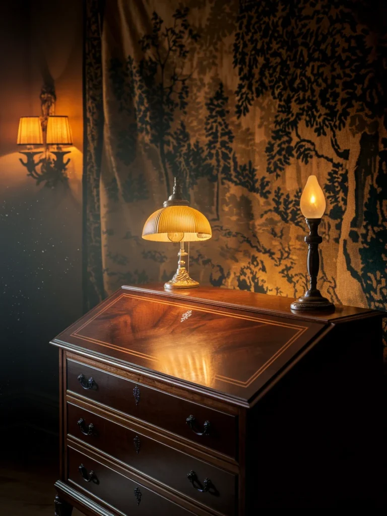 Layered warm lighting on a dark wood bedroom bureau with lamp, floor lamp, and sconce