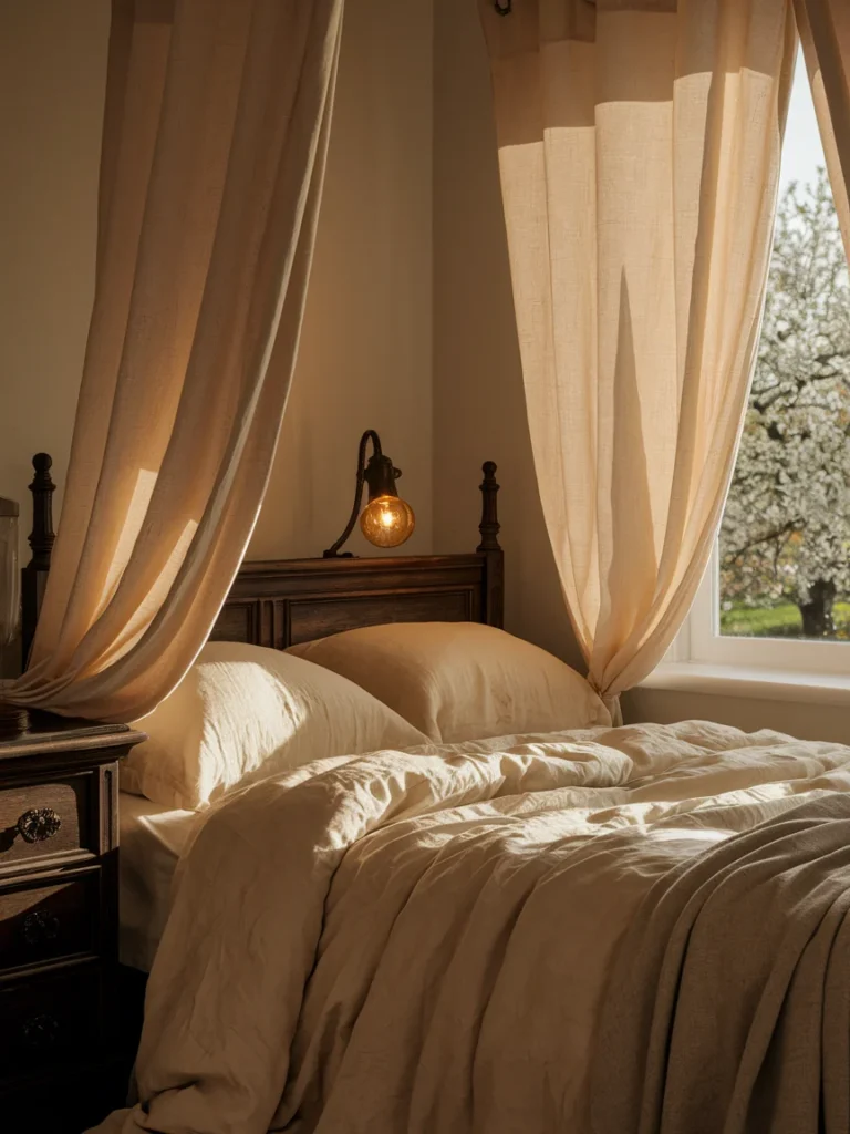 Light textiles softening dark wood bedroom furniture with cream bedding and linen curtains
