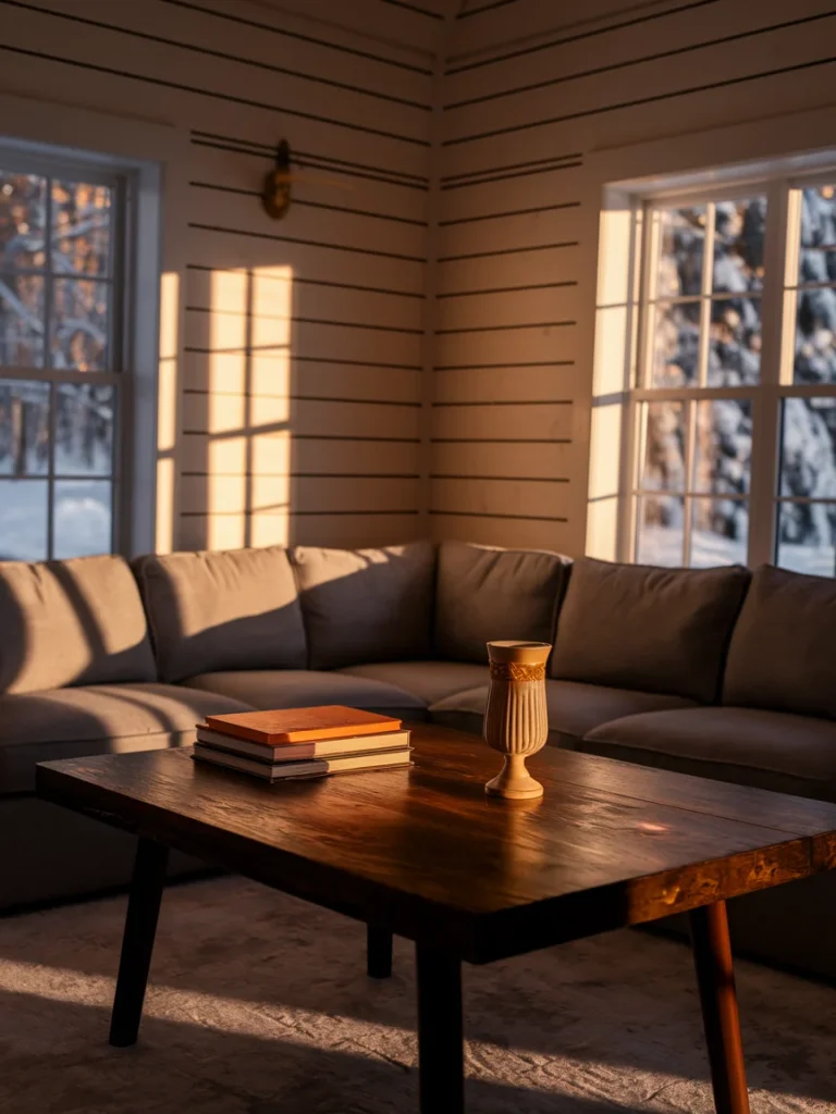 Lighter cabin living room decor for a small room with white walls, gray sofa, and dark wood table