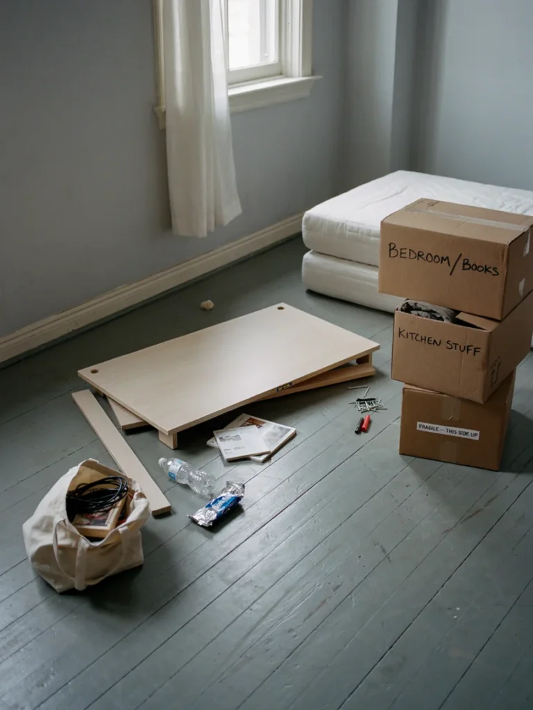 Lightweight flat pack furniture piece partially disassembled beside moving boxes, illustrating furniture chosen for easy college move out days