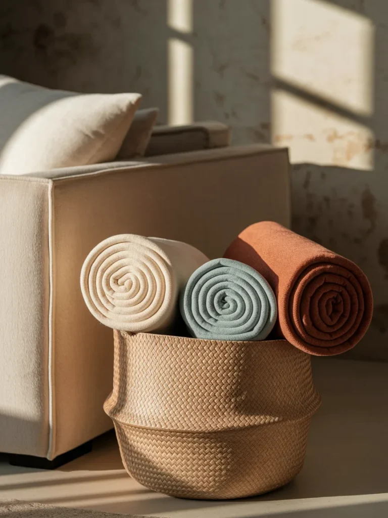 Living room blanket basket decor with rolled cream, sage, and rust blankets beside a sofa
