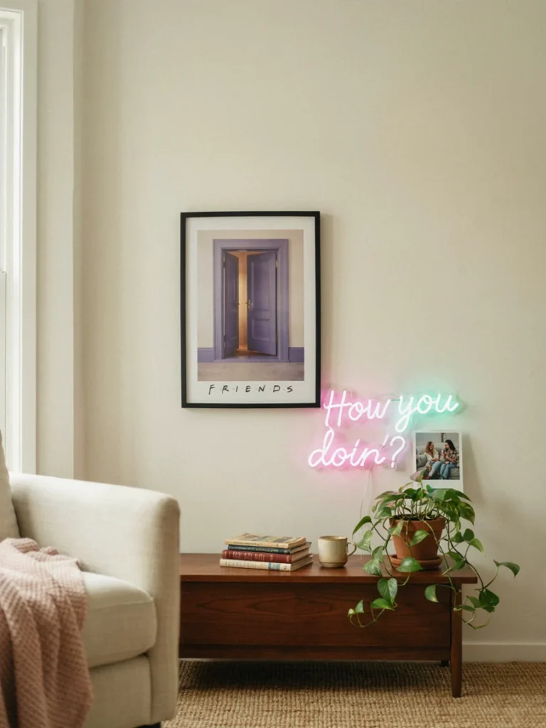 Living room corner featuring a purple door frame print and a small neon style sign spelling a famous quote, nostalgic sitcom themed wall decor