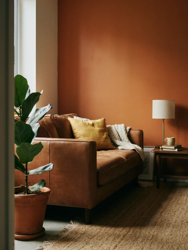 Living room corner with a burnt orange accent wall, mustard yellow throw pillows on a brown sofa, warm layered earth tone styling, soft afternoon light