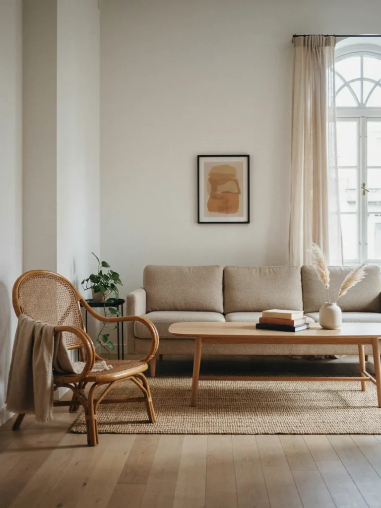 Living room mixing a vintage rattan chair with a clean lined modern coffee table and contemporary neutral sofa, balanced blend of retro and current styling, natural daylight]