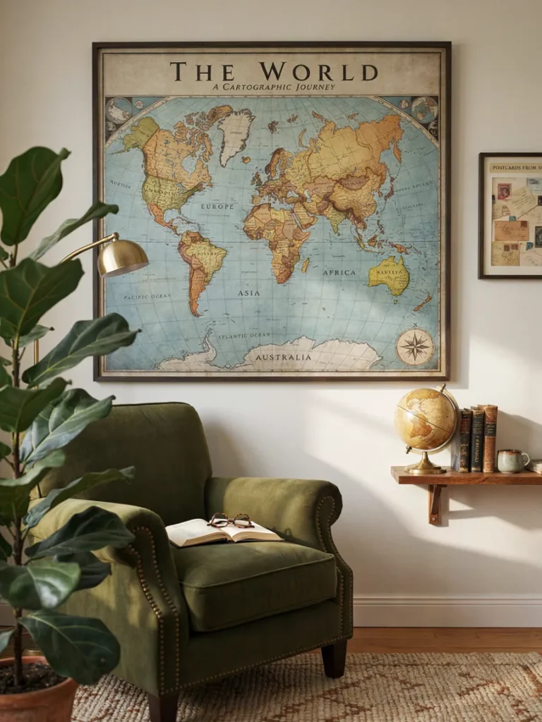 Living room wall featuring a large world map print above a reading chair, a small globe on a nearby shelf, adventurous travel inspired styling