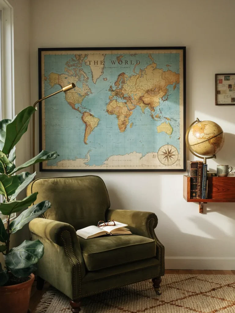 Living room wall featuring a large world map print above a reading chair, a small globe on a nearby shelf, adventurous travel inspired styling