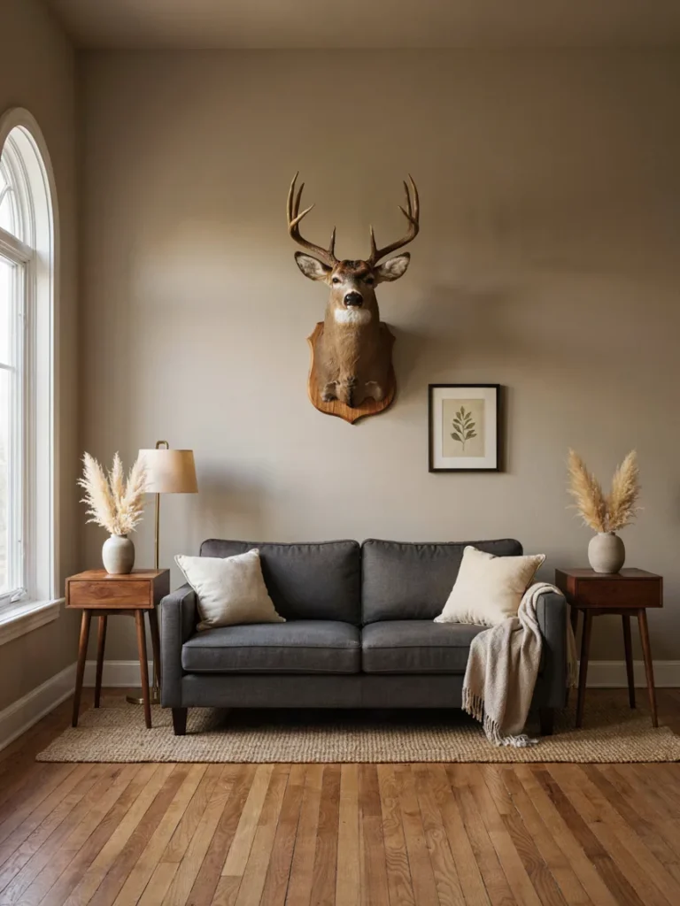 Living room wall showing a deer mount centered above a sofa at eye level, balanced symmetrical placement, warm natural light, ideal mount positioning example