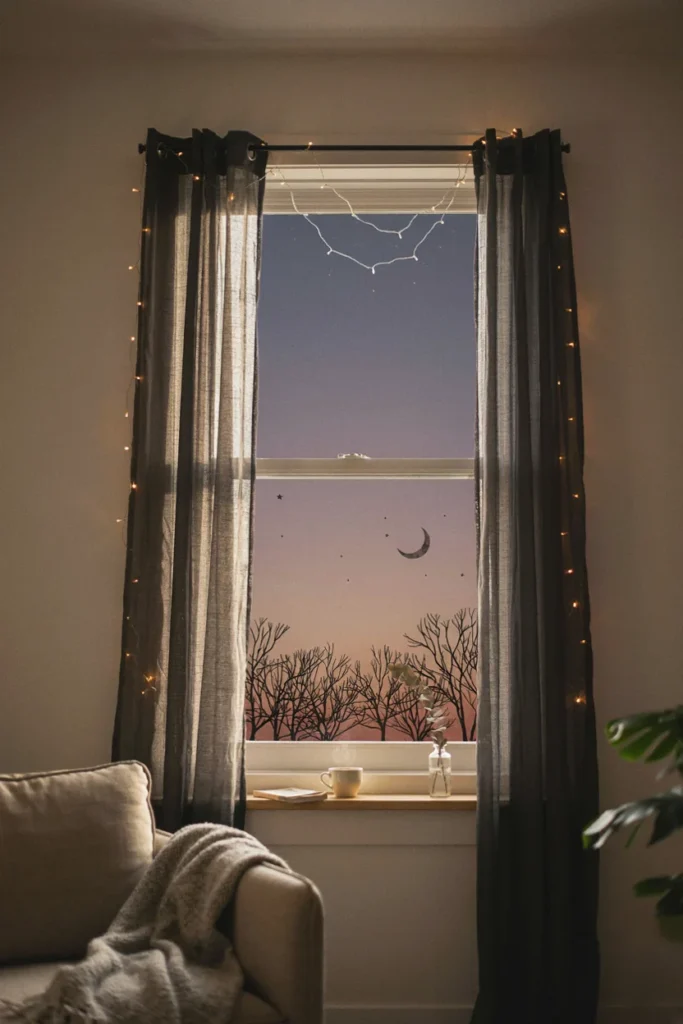 Living room window styled with sheer black tinted curtains and subtle silhouette clings, warm string lights framing the window, dusk lighting creating atmospheric glow