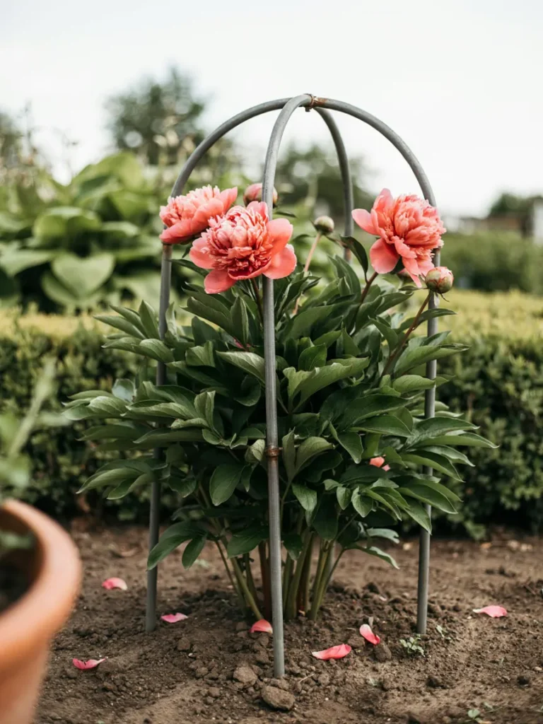 Metal ring style flower support installed around a peony plant in a garden bed, sturdy support structure holding up heavy blooms, natural daylight