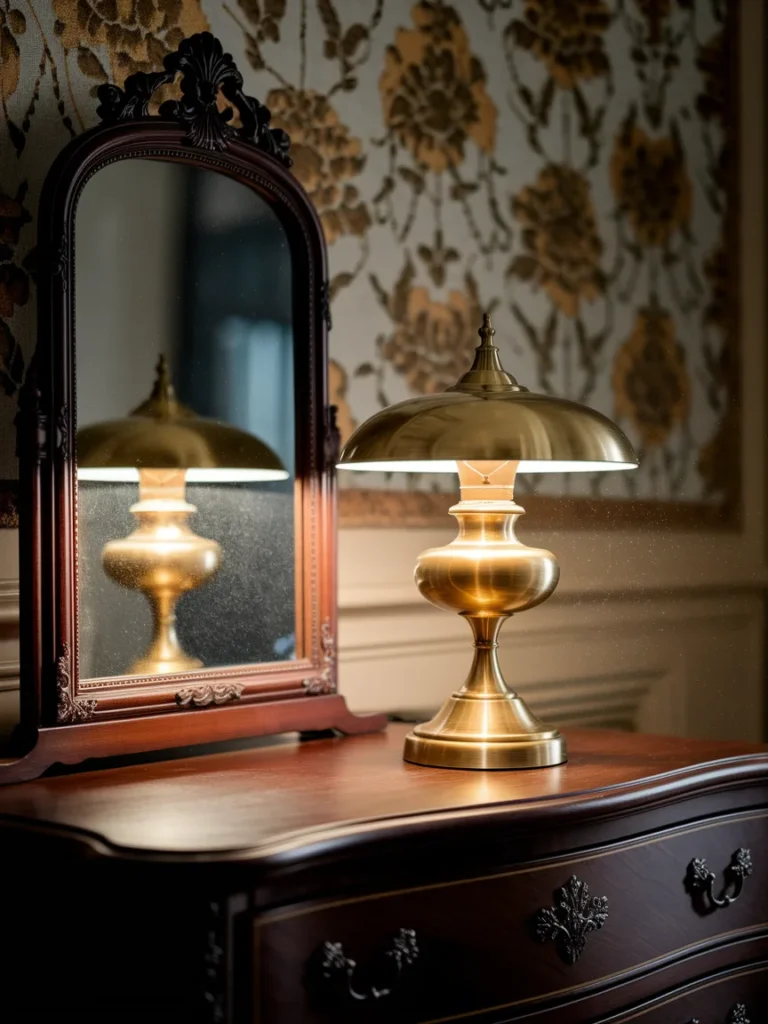 Mirror and lamp combination for bedroom bureau decor on a dark wood dresser