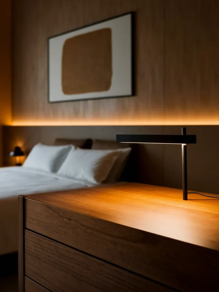 Modern styling for a cherry wood bureau with black lamp, minimalist art, and white bedding