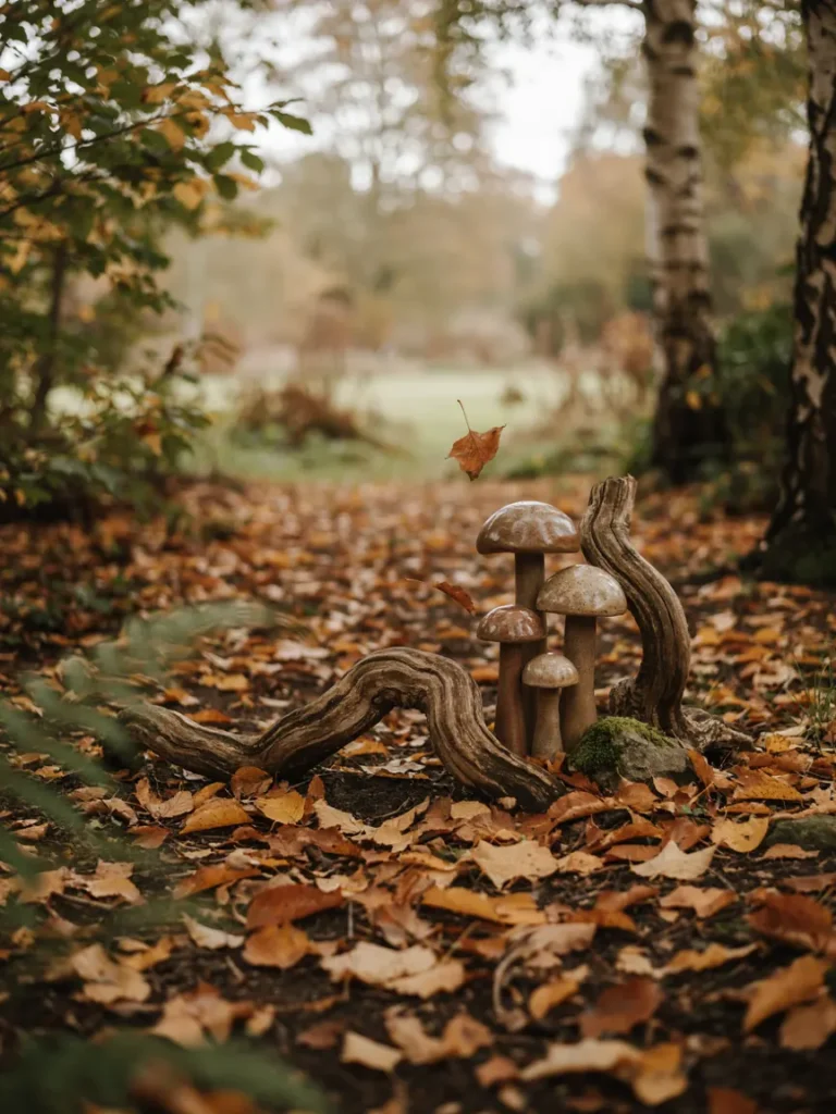 Muted brown and tan mushroom statues tucked among tree roots and fallen leaves, blending naturally into a woodland garden bed.
