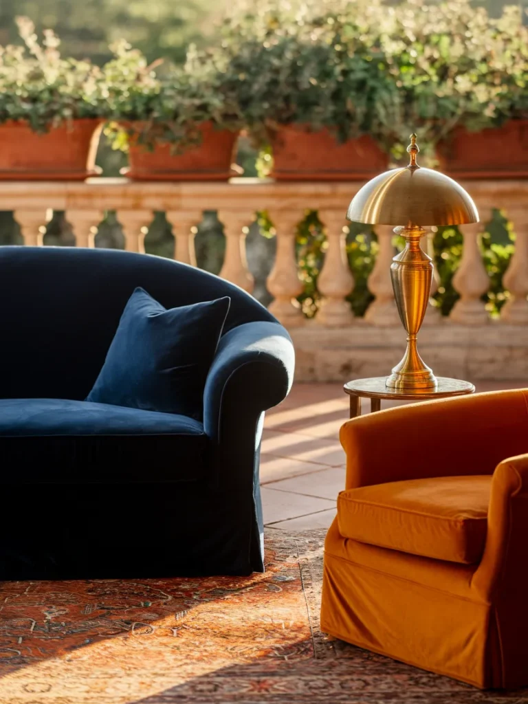 Navy blue and orange living room decor with navy sofa, burnt orange chair, and brass lamp
