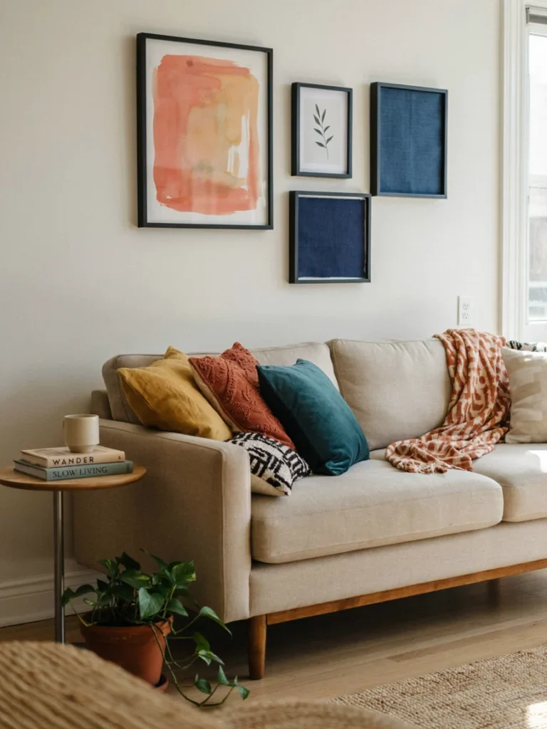 Neutral colored sofa and rental walls layered with colorful throw pillows, a patterned throw blanket, and framed art, illustrating how to add personality on top of a plain rental base