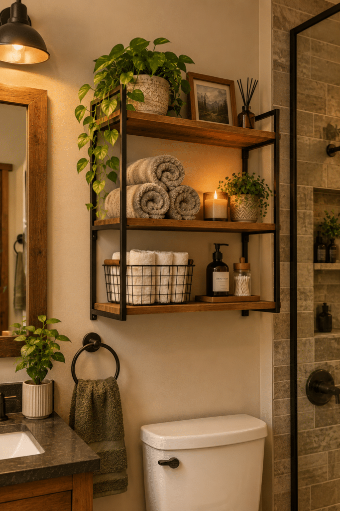 Open metal wall shelves mounted in a bathroom, styled with rolled towels
