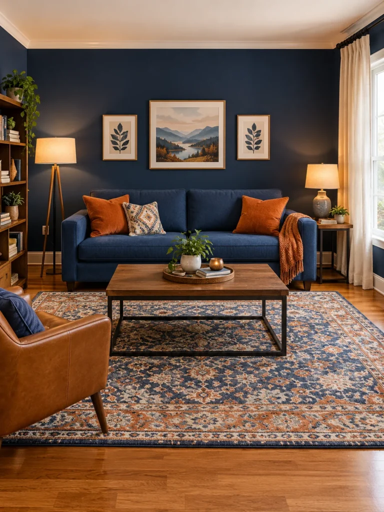 Orange and blue living room decor by room element with wall, sofa, rug, pillows, and lamps