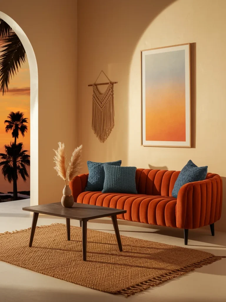 Orange and blue living room decor in modern, coastal, boho, and mid century styles