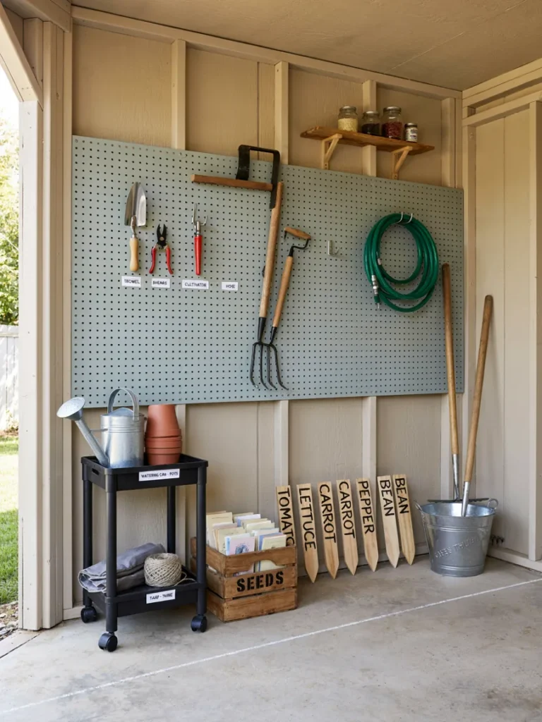 Organized garden shed corner with labeled markers, a small utility cart, and neatly stored tools, tidy organization and hauling gear layout