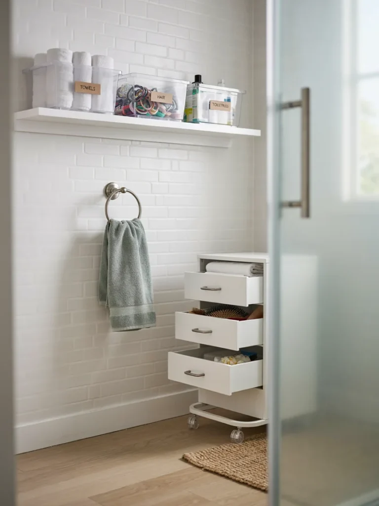 Organized tween bathroom shelf with labeled storage bins, a small rolling cart with drawers, and a towel hook mounted at child appropriate height, tidy functional storage styling