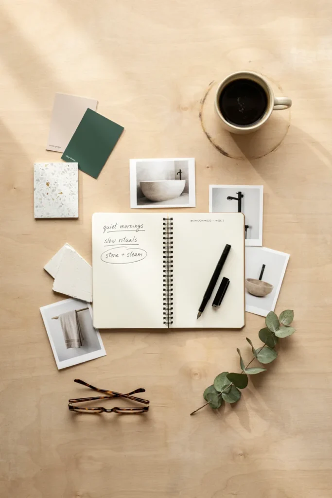 Overhead flat lay of a notebook and pen with handwritten quote ideas, surrounded by small mood board clippings of bathroom styling inspiration, creative planning scene, soft natural light