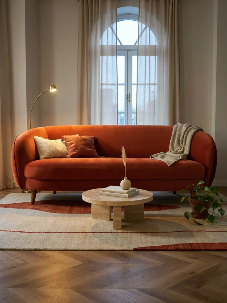 Sculptural low slung curved sofa in burnt orange velvet, rounded silhouette, sunken seating feel, warm ambient living room lighting