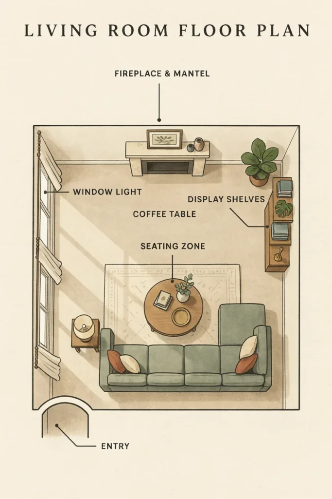 Overhead layout illustration style photo of a living room floor plan highlighting different decorating zones, mantel, coffee table, shelves, and windows, clean organized composition