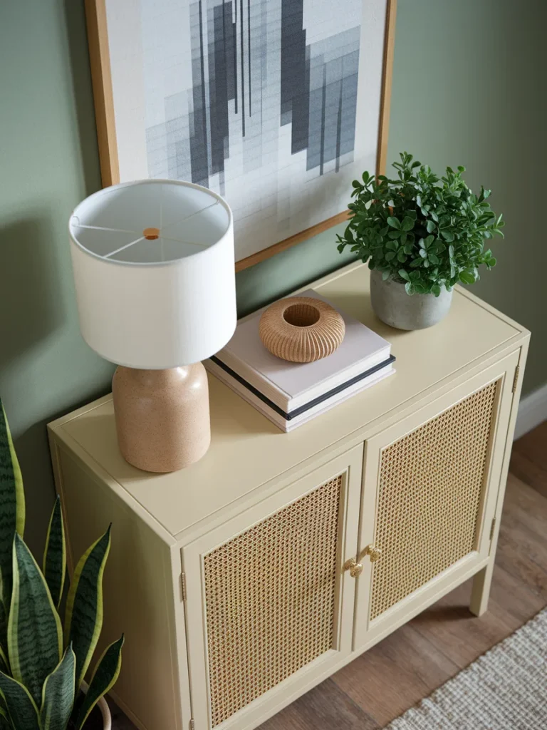 Overhead or straight-on shot of a three-piece decor grouping on a cabinet top.