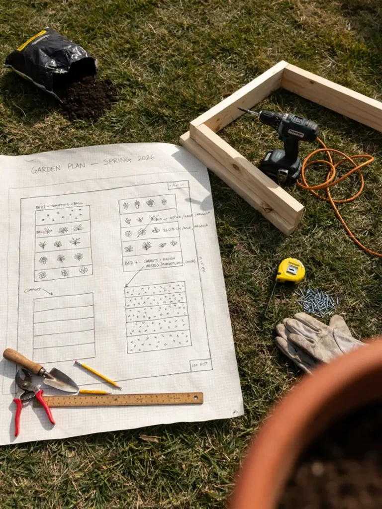  Overhead view of a sketched garden plot layout on paper next to an actual raised bed under construction, planning and structural gear overview