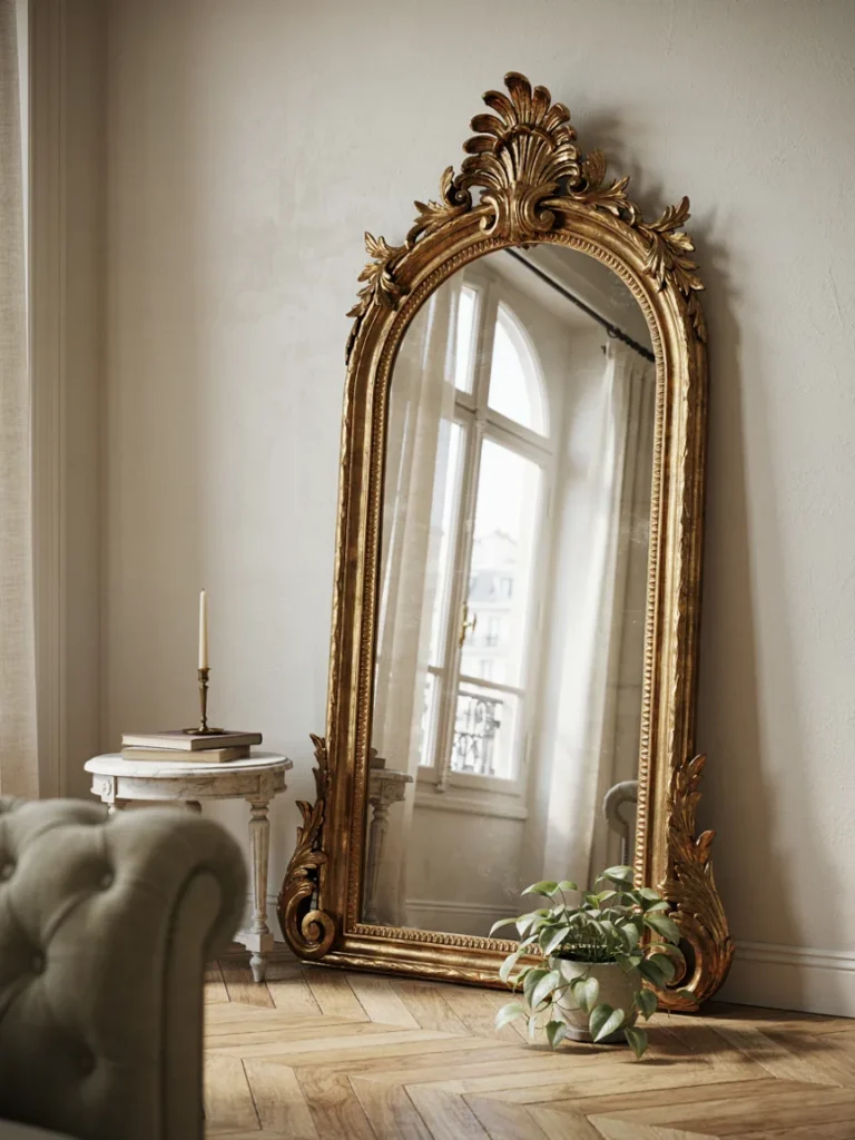 Oversized ornately framed mirror leaning against a soft cream wall in a Parisian style living room, reflecting natural window light, elegant statement piece styling