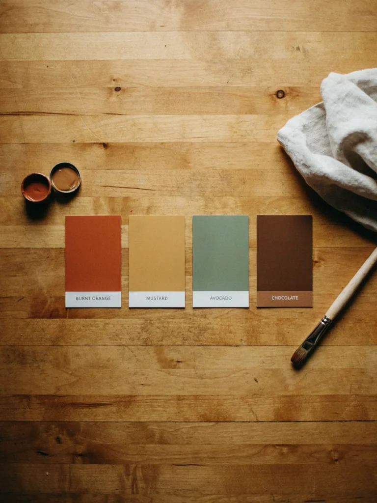Paint swatch flat lay showing burnt orange, mustard yellow, avocado green, and chocolate brown side by side on a wooden surface, warm natural lighting, clean color palette reference