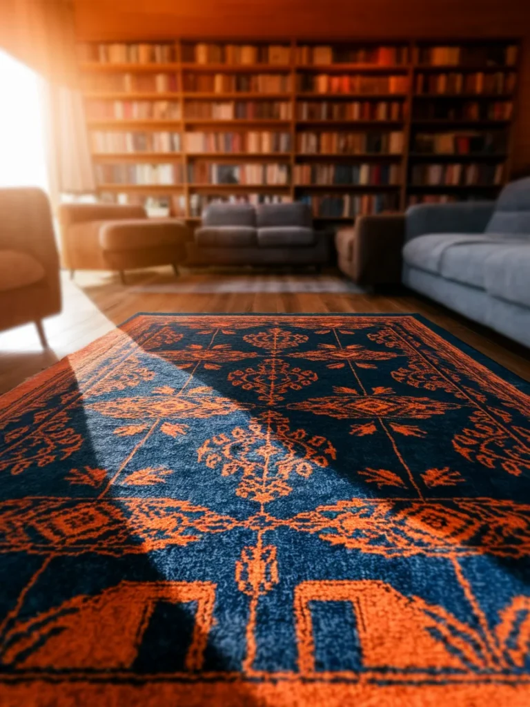 Patterned rug with blue and orange colors tying together living room decor