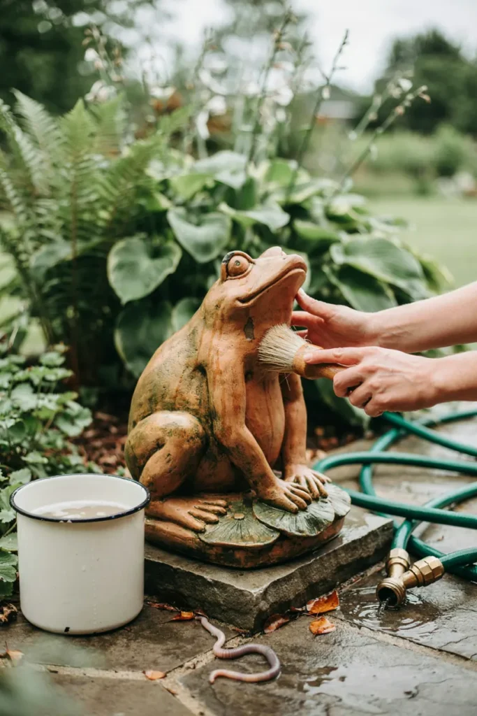 Person gently cleaning a garden frog statue with a soft brush and hose, showing routine outdoor upkeep in action, natural daylight, hands in frame
